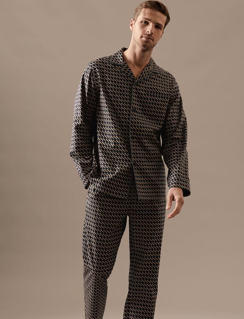 Erkek Lacivert Geometrik Desenli Uzun Kollu Pijama Üstü