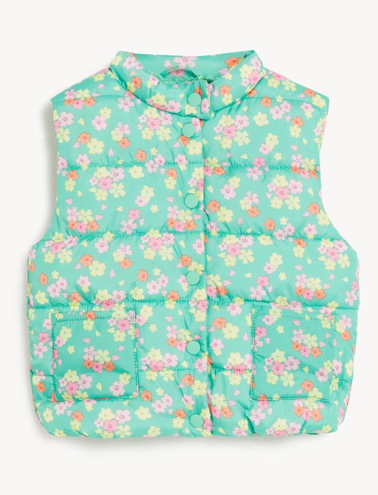 Bebek Yeşil Stormwear™ Çiçek Desenli Puffer Şişme Yelek (0-3 Yaş)