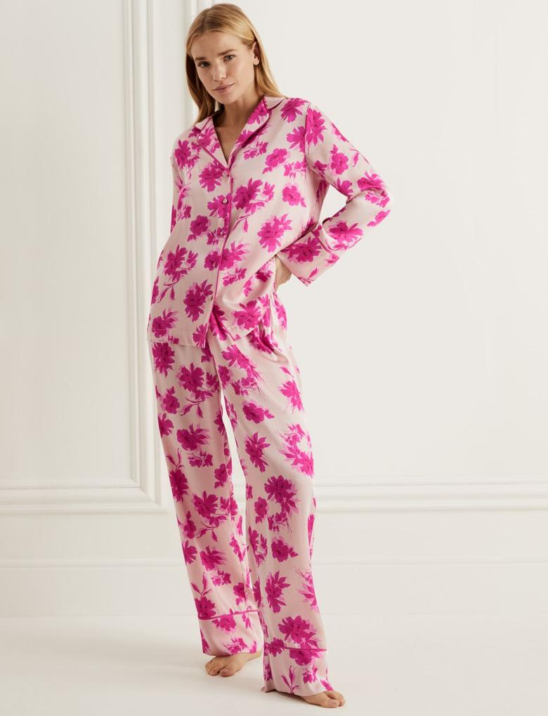 Kadın Pembe Çiçek Desenli Uzun Kollu Pijama Takımı