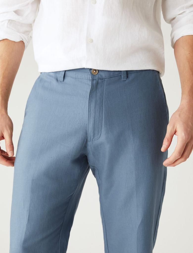 Erkek Mavi Regular Fit Keten Pantolon