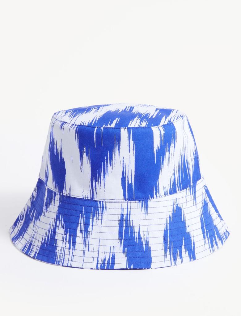 Kadın Mavi Saf Pamuklu Desenli Bucket Şapka