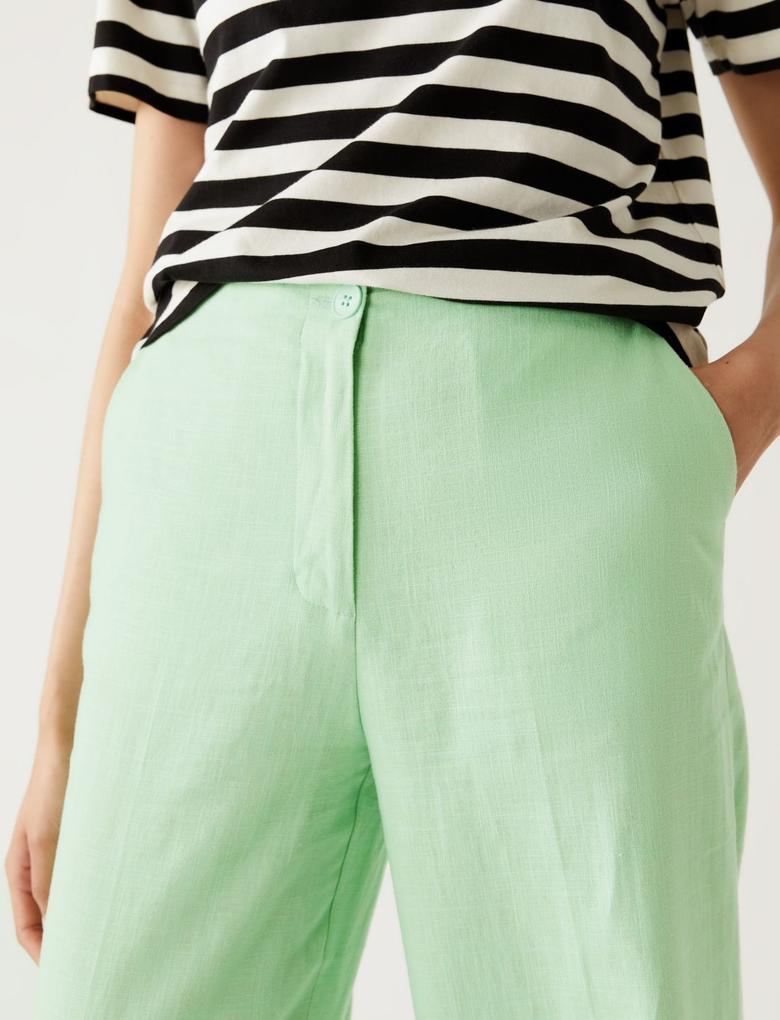 Kadın Yeşil Wide Leg Keten Pantolon