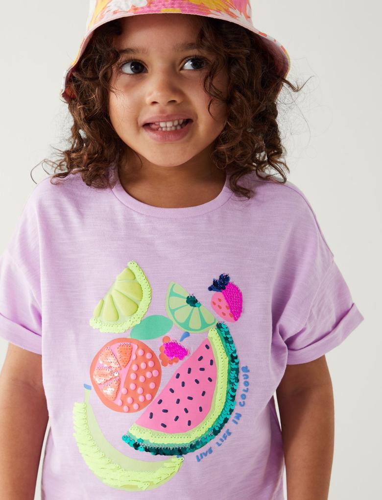 Kız Çocuk Mor Saf Pamuklu Kısa Kollu T-Shirt (2-8 Yaş)