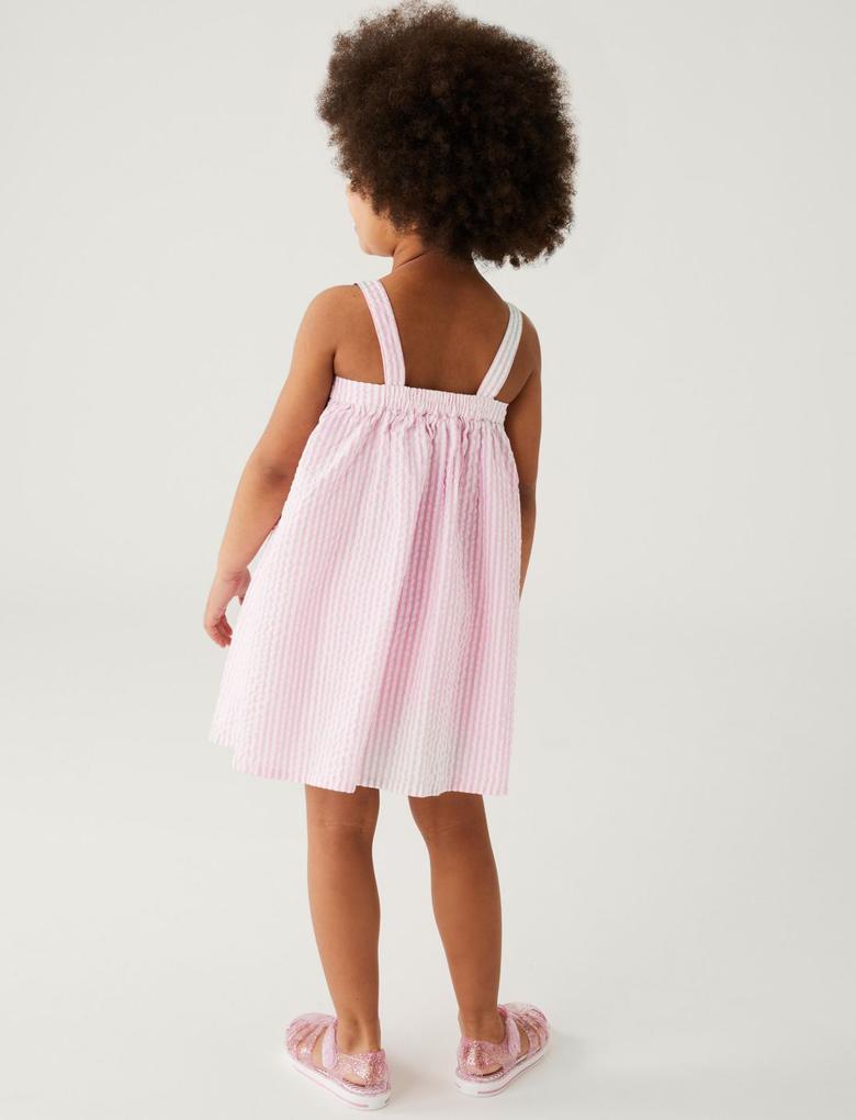 Kız Çocuk Pembe Saf Pamuklu Dondurma Desenli Elbise (2-8 Yaş)