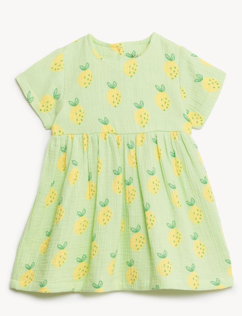 Bebek Yeşil Saf Pamuklu Limon Desenli Elbise (0-3 Yaş)