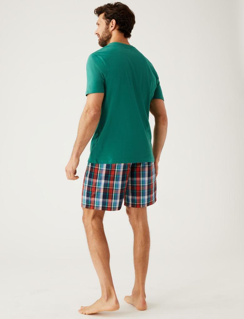 Erkek Yeşil Saf Pamuklu Kısa Kollu Pijama Takımı