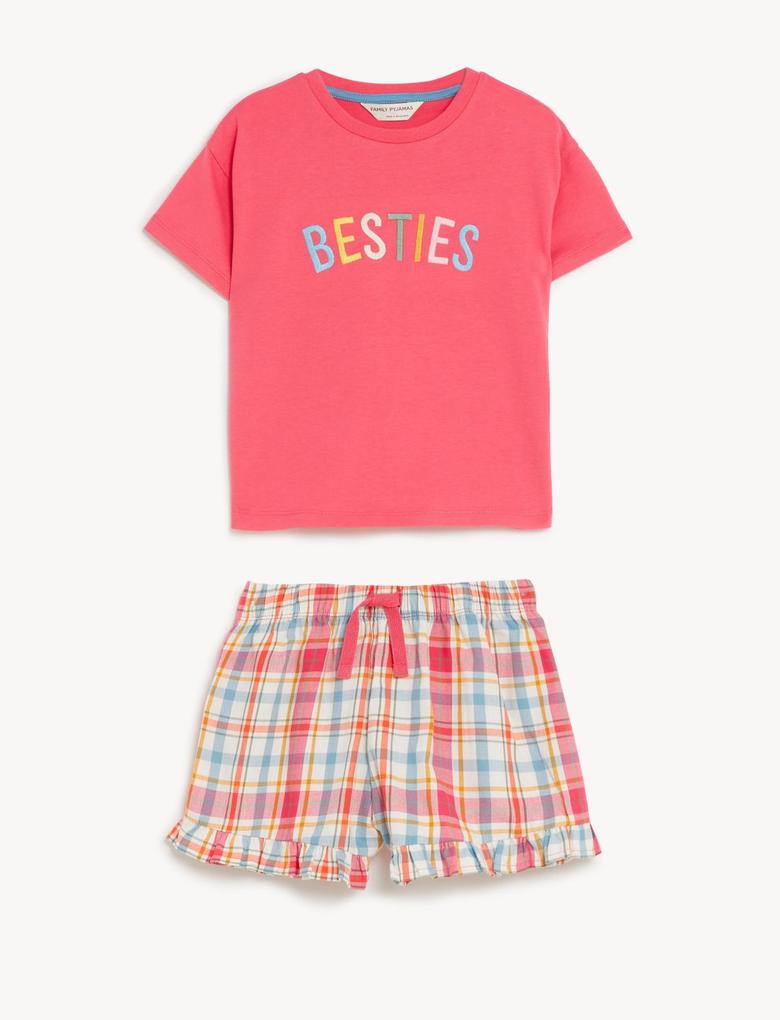 Çocuk Pembe Saf Pamuklu Kısa Kollu Pijama Takımı (1-16 Yaş)