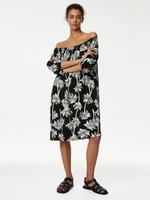 Kadın Siyah Palmiye Desenli Midi Keten Elbise