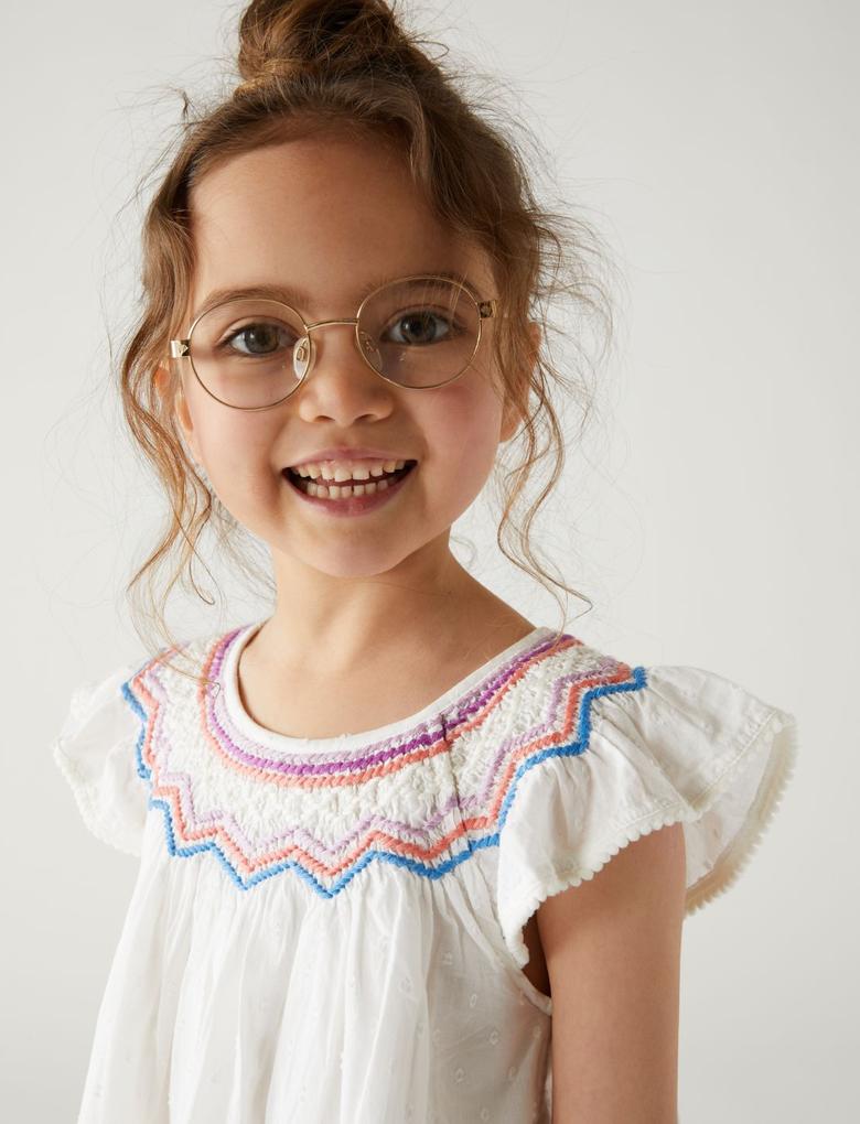 Kız Çocuk Krem Saf Pamuklu İşleme Detaylı Bluz (2-7 Yaş)