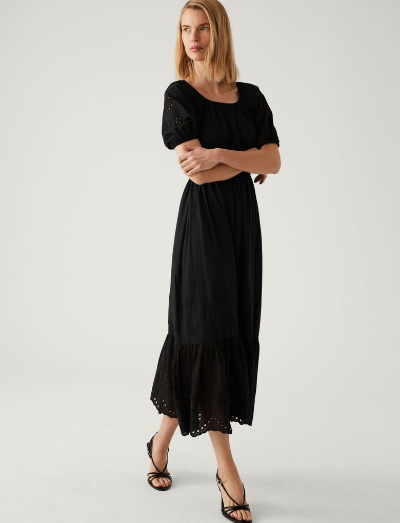 Kadın Siyah Saf Pamuklu İşleme Detaylı Midi Elbise