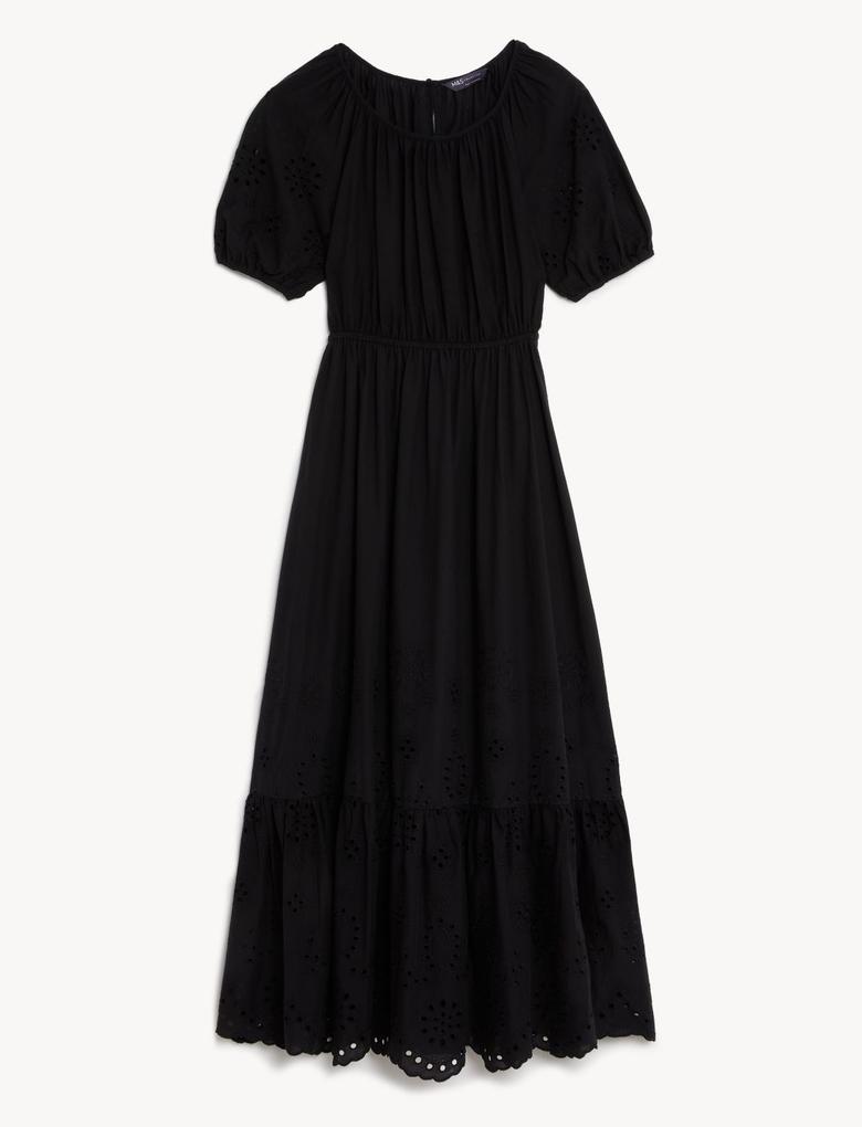 Kadın Siyah Saf Pamuklu İşleme Detaylı Midi Elbise