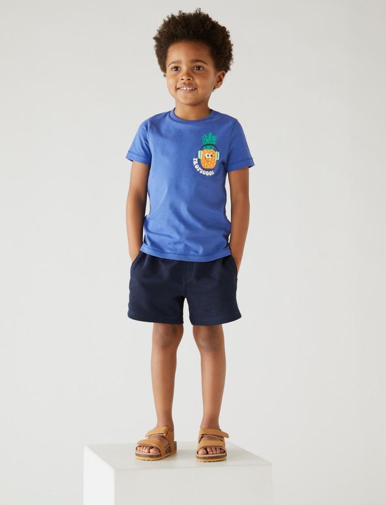 Erkek Çocuk Mavi Saf Pamuklu Kısa Kollu T-Shirt (2-7 Yaş)