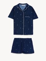 Çocuk Lacivert Yıldız Desenli Kısa Kollu Saten Pijama Takımı (6-16 Yaş)